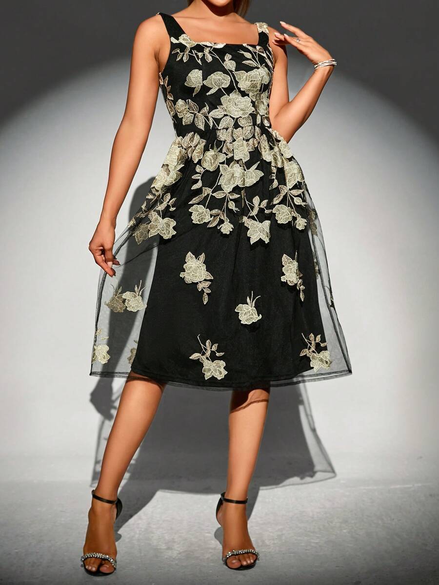 SHEIN Clasi Floral Embroidery Mesh Overlay Cami Dress