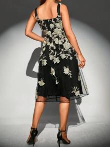 SHEIN Clasi Floral Embroidery Mesh Overlay Cami Dress