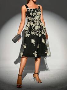 SHEIN Clasi Floral Embroidery Mesh Overlay Cami Dress