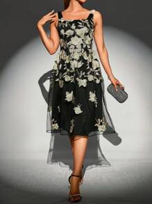 SHEIN Clasi Floral Embroidery Mesh Overlay Cami Dress