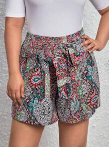 SHEIN VCAY Plus Paisley Print Knot Front Shorts - Red - View 1