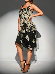SHEIN Clasi Floral Embroidery Mesh Overlay Cami Dress