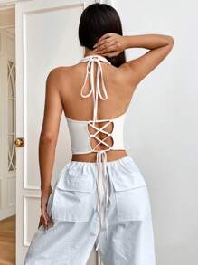 SHEIN EZwear Chất rắn Ren lên trở lại Áo hai dây - trắng - Xem 2