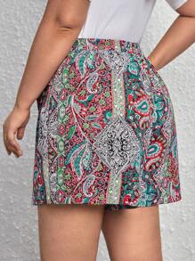 SHEIN VCAY Plus Paisley Print Knot Front Shorts - Red - View 2
