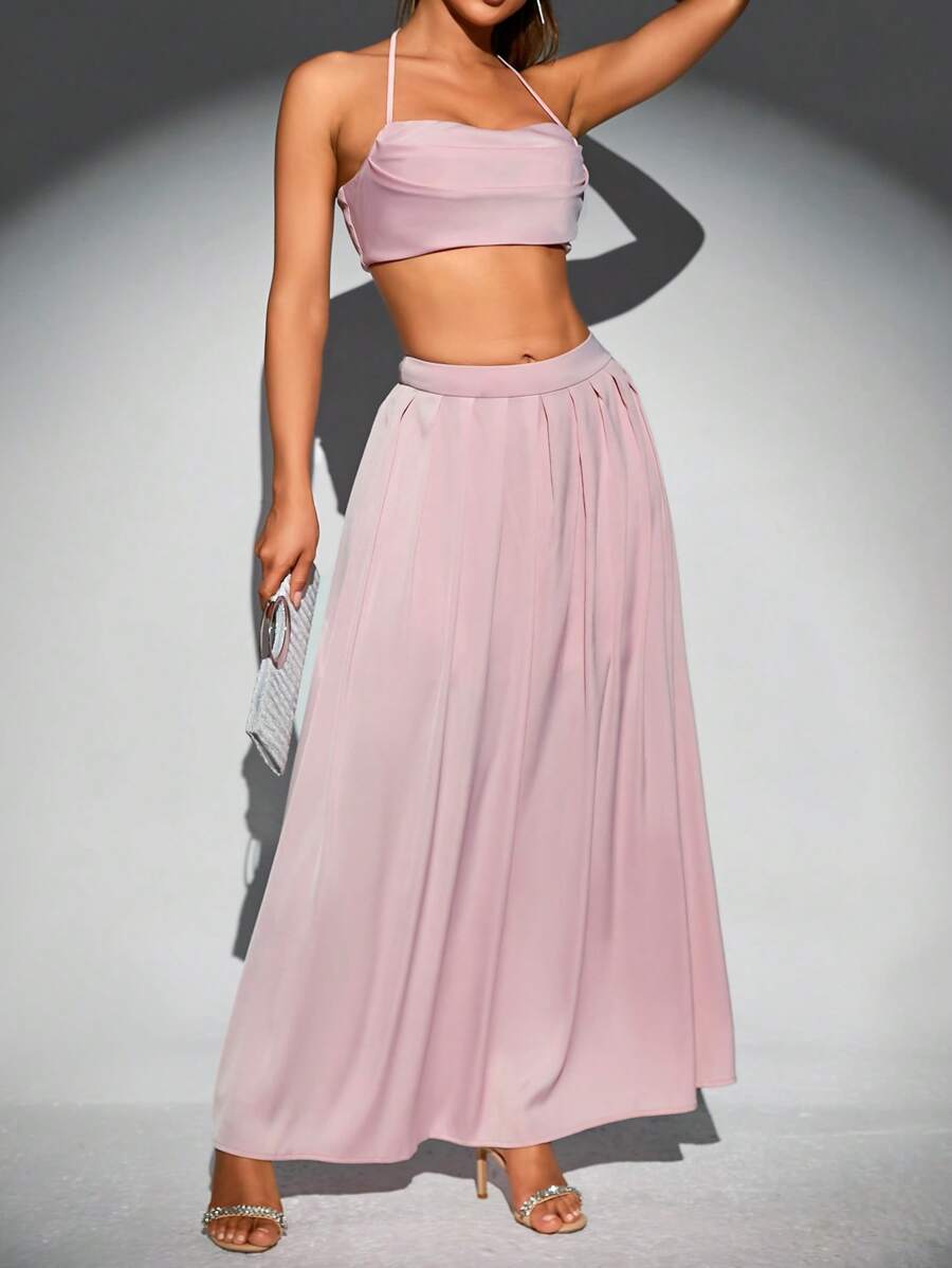 Breezaya Solid Crop Halter Top & Skirt - Baby Pink - View 1
