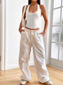 SHEIN EZwear Chất rắn Ren lên trở lại Áo hai dây - trắng - Xem 6