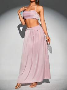Breezaya Solid Crop Halter Top & Skirt - Baby Pink - View 3