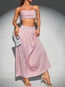 Breezaya Solid Crop Halter Top & Skirt - Baby Pink - View 4