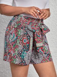 SHEIN VCAY Plus Paisley Print Knot Front Shorts - Red - View 6