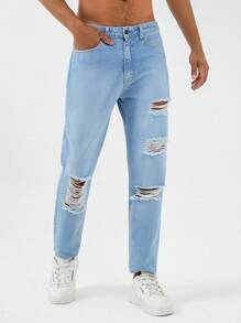 RueChic Men Ripped Straight Leg Jeans - Light Wash - View 1