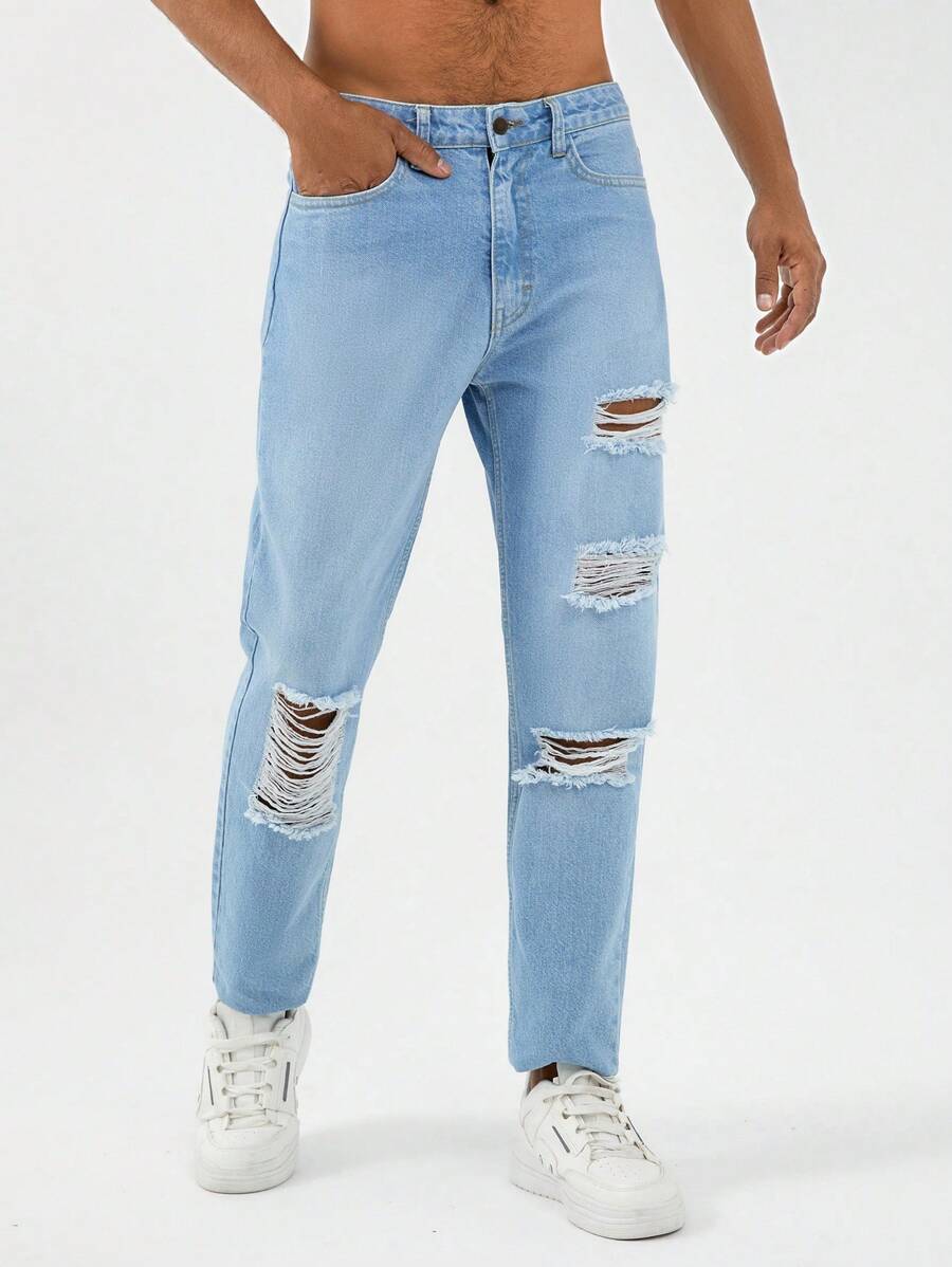 RueChic Men Ripped Straight Leg Jeans - Light Wash - View 1
