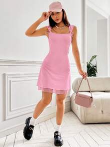 SHEIN EZwear Summer Pinks Solid Knot Front Mesh Overlay Dress - Pink - View 4