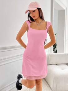 SHEIN EZwear Summer Pinks Solid Knot Front Mesh Overlay Dress - Pink - View 6