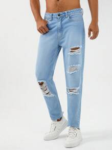 RueChic Men Ripped Straight Leg Jeans - Light Wash - View 4