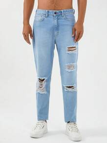 RueChic Men Ripped Straight Leg Jeans - Light Wash - View 5