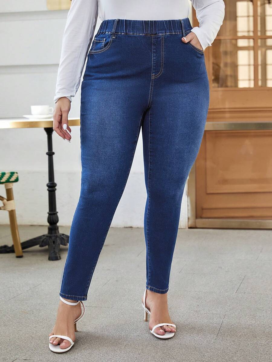 SHEIN Frenchy Plus High Waist Skinny Jeans - Dark Wash - View 1