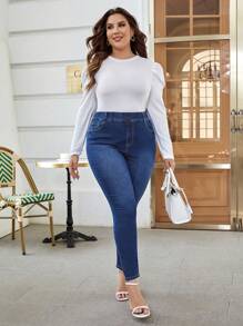 SHEIN Frenchy Plus High Waist Skinny Jeans - Dark Wash - View 3