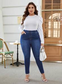 SHEIN Frenchy Plus High Waist Skinny Jeans - Dark Wash - View 4