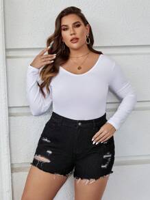 SHEIN Essnce Plus Ripped Raw Cut Denim Shorts - Black - View 3