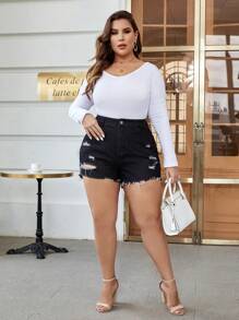 SHEIN Essnce Plus Ripped Raw Cut Denim Shorts - Black - View 5