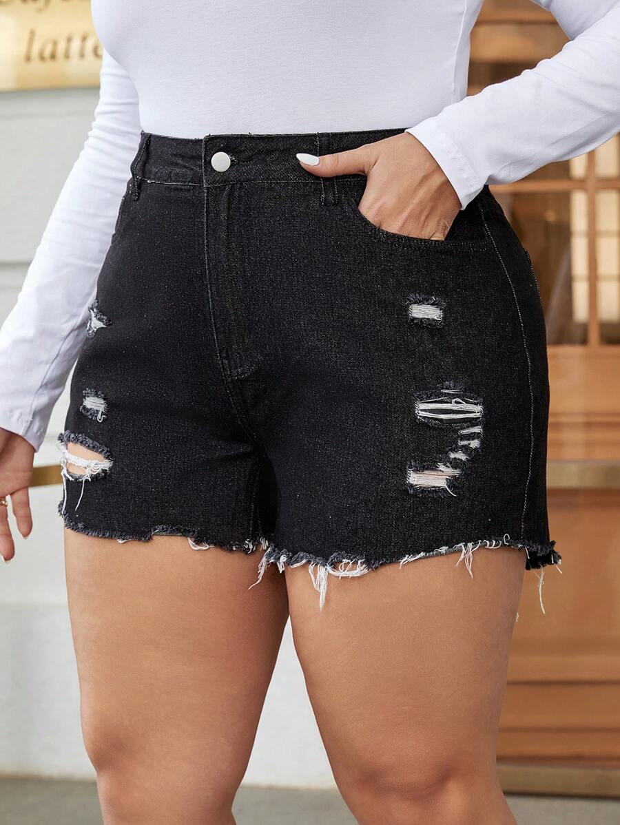 SHEIN Essnce Plus Ripped Raw Cut Denim Shorts - Black - View 1