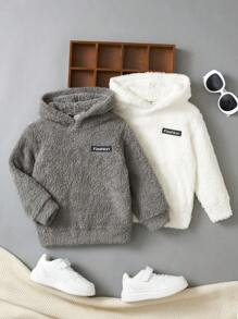 SHEIN Leap Crew Young Boy 2pcs Letter Patched Detail Teddy Sweatshirt - Multicolor - View 1