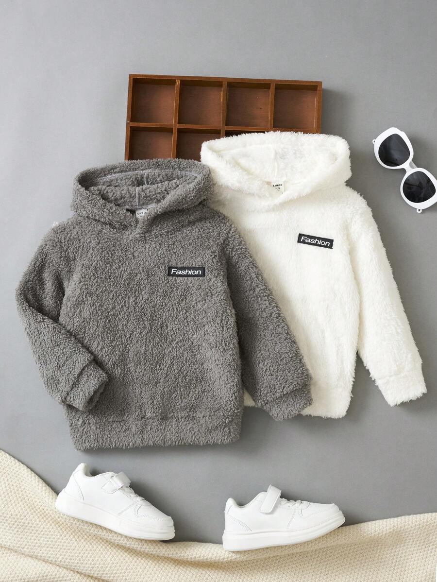 SHEIN Leap Crew Young Boy 2pcs Letter Patched Detail Teddy Sweatshirt - Multicolor - View 1