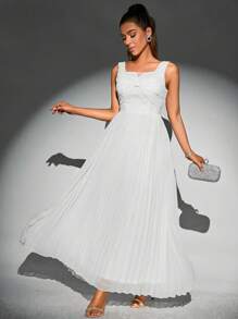 SHEIN Privé 素色百褶下擺連衣裙 - 白色 - 查看 1