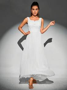 SHEIN Privé 素色百褶下擺連衣裙 - 白色 - 查看 4