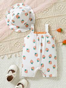 SHEIN Baby Girl Strawberry Print Cami Romper - White - View 1