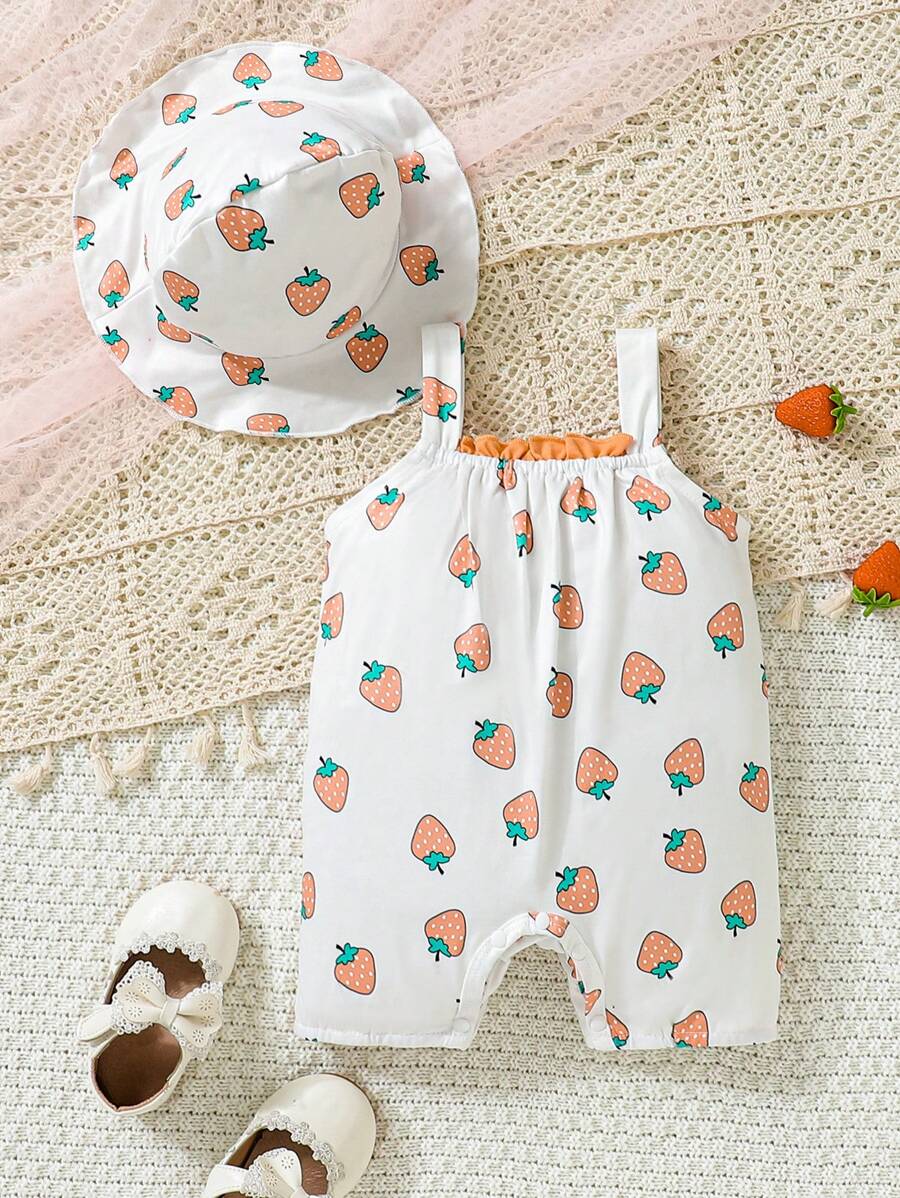 SHEIN Baby Girl Strawberry Print Cami Romper - White - View 1