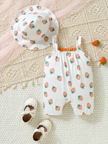 SHEIN Baby Girl Strawberry Print Cami Romper - White - View 2