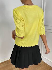 SHEIN Qutie Cắt vỏ sò Nút phía trước Knit ngọn - Màu vàng - Xem 2