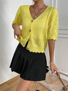 SHEIN Qutie Cắt vỏ sò Nút phía trước Knit ngọn - Màu vàng - Xem 3