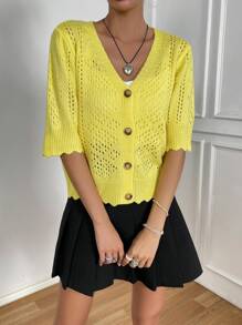 SHEIN Qutie Cắt vỏ sò Nút phía trước Knit ngọn - Màu vàng - Xem 5