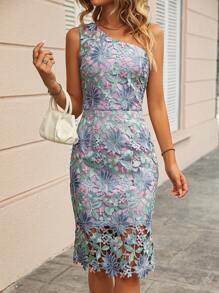 Chiquease One Shoulder Guipure Lace Dress - Lilac Purple - View 6