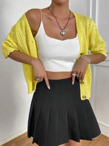 SHEIN Qutie Cắt vỏ sò Nút phía trước Knit ngọn - Màu vàng - Xem 6
