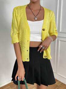 SHEIN Qutie Cắt vỏ sò Nút phía trước Knit ngọn - Màu vàng - Xem 7