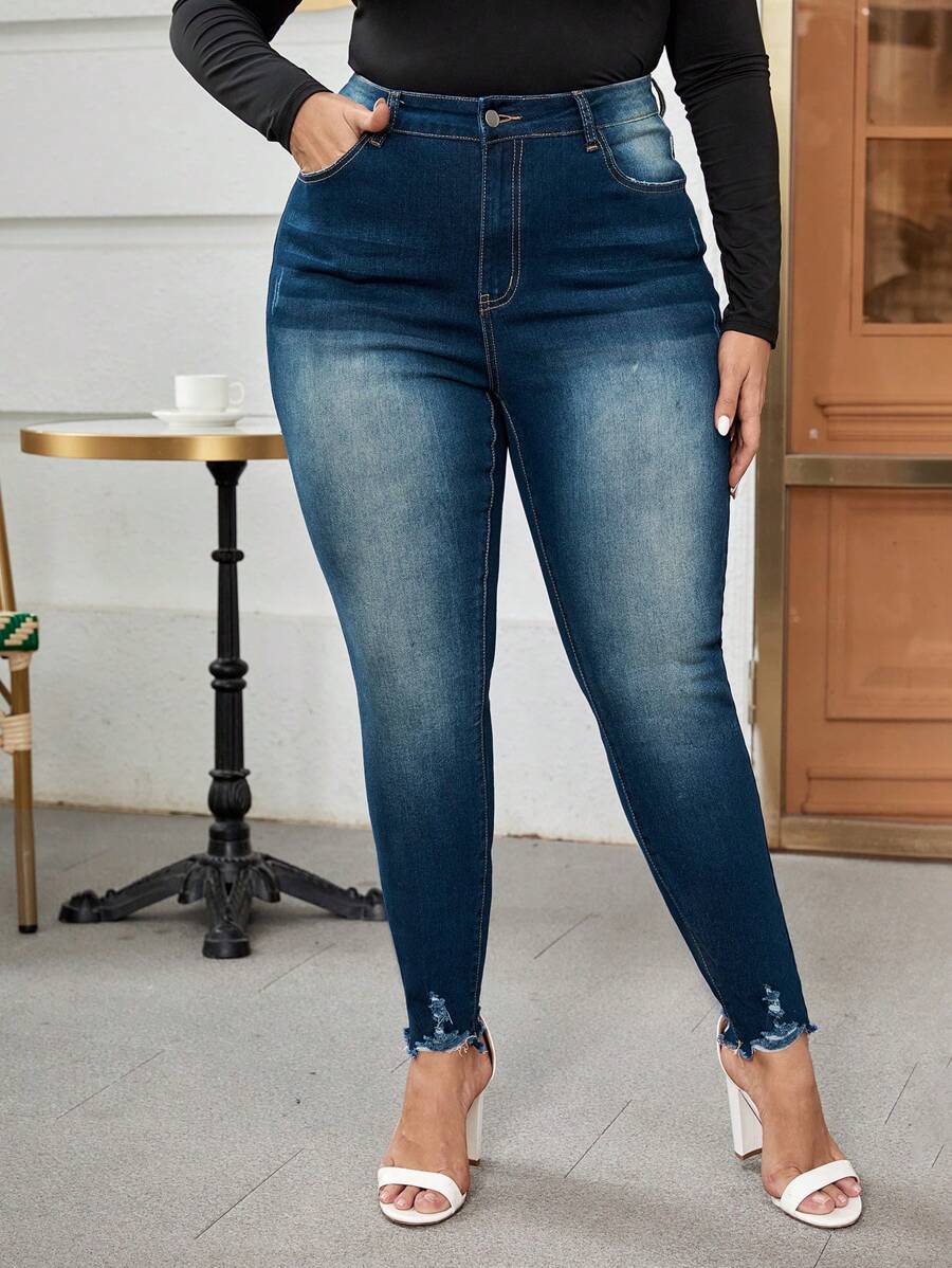 SHEIN Frenchy Plus High Waist Ripped Raw Cut Skinny Jeans - Dark Wash - View 1