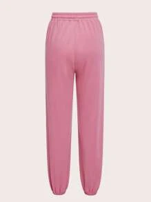 SHEIN 青少年女孩素色腰部抽繩接縫細節衛褲 - 珊瑚粉 - 查看 2