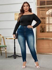 SHEIN Frenchy Plus High Waist Ripped Raw Cut Skinny Jeans - Dark Wash - View 5