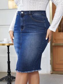 SHEIN Privé 大碼高腰毛邊緣牛仔半身裙 - 深色水洗藍 - 查看 5