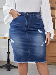 EMERY ROSE Plus High Waist Ripped Raw Cut Denim Skirt - Blue - View 5