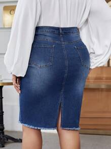 EMERY ROSE Plus High Waist Ripped Raw Cut Denim Skirt - Blue - View 2