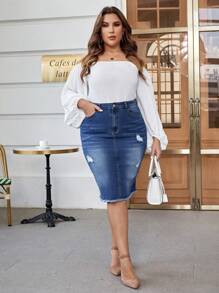 EMERY ROSE Plus High Waist Ripped Raw Cut Denim Skirt - Blue - View 3