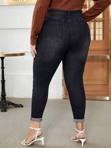 SHEIN Frenchy 大碼卷邊緊身牛仔褲 - 黑色 - 查看 2