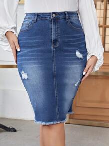 EMERY ROSE Plus High Waist Ripped Raw Cut Denim Skirt - Blue - View 1