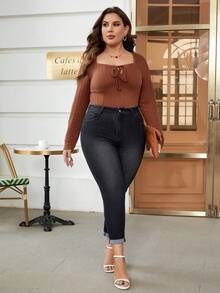 SHEIN Frenchy 大碼卷邊緊身牛仔褲 - 黑色 - 查看 3