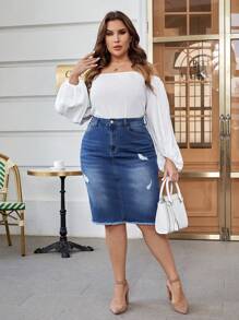 EMERY ROSE Plus High Waist Ripped Raw Cut Denim Skirt - Blue - View 6