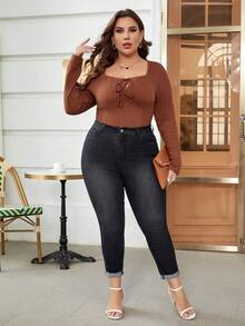 SHEIN Frenchy 大碼卷邊緊身牛仔褲 - 黑色 - 查看 4